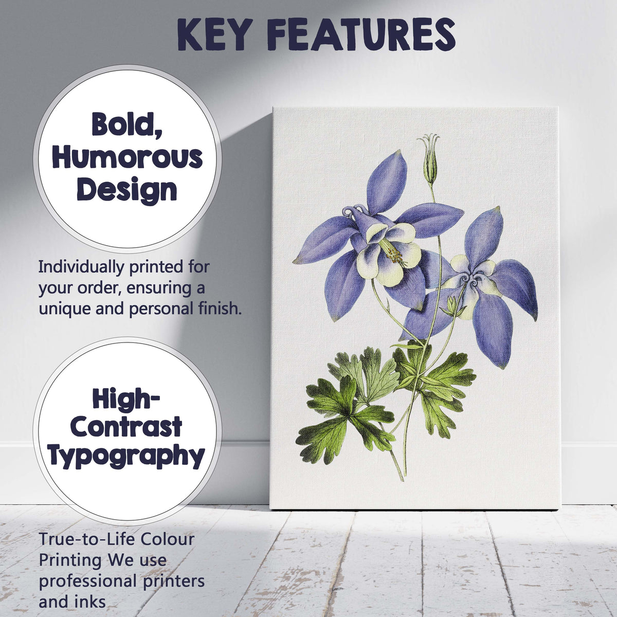 Delicate Blue Columbine Aquilegia Wildflower Botanical Illustration Canvas Wall Art Print Decor Picture Ready to Hang