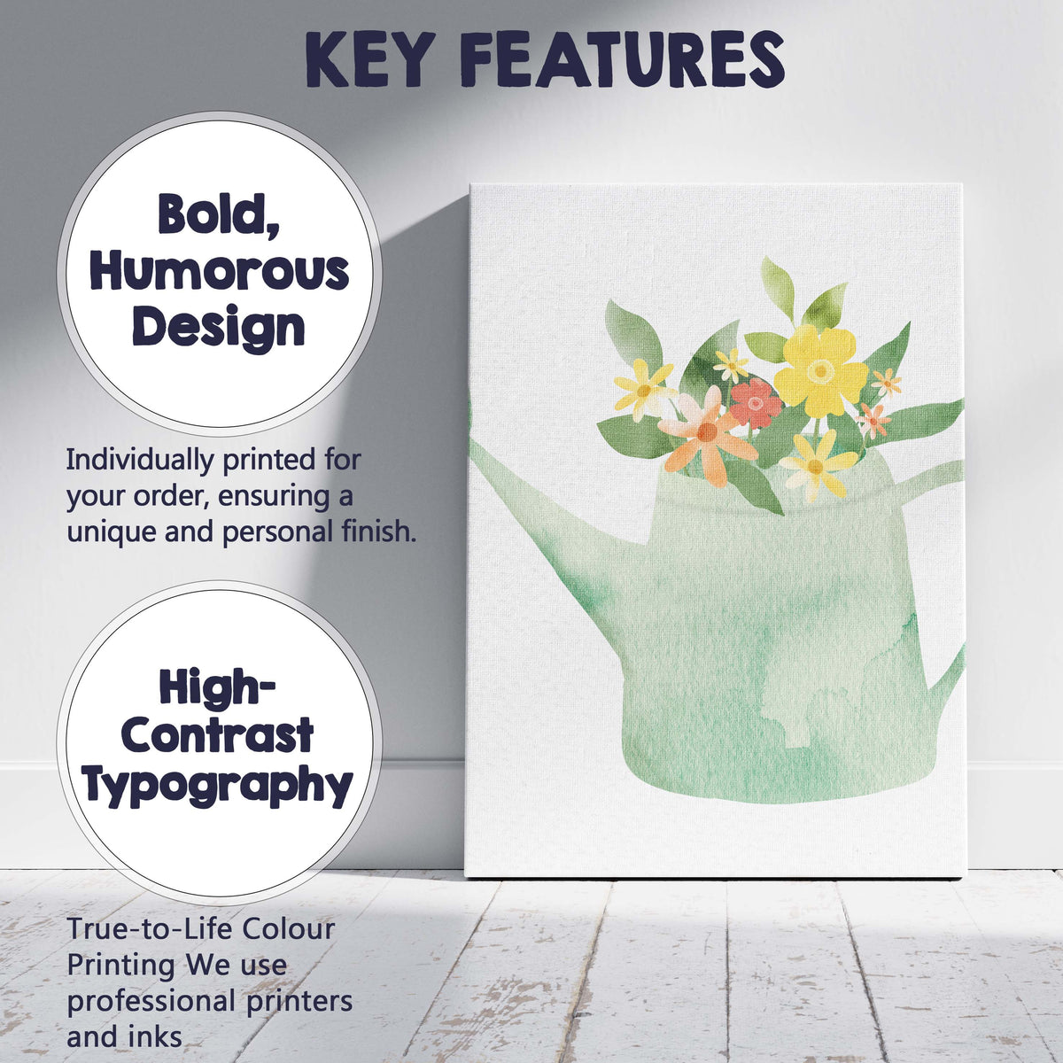 Pastel Floral Watering Can Watercolour Garden Illustration Canvas Wall Art Print Decor Picture Ready to Hang