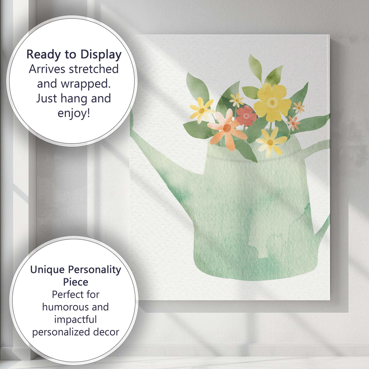 Pastel Floral Watering Can Watercolour Garden Illustration Canvas Wall Art Print Decor Picture Ready to Hang