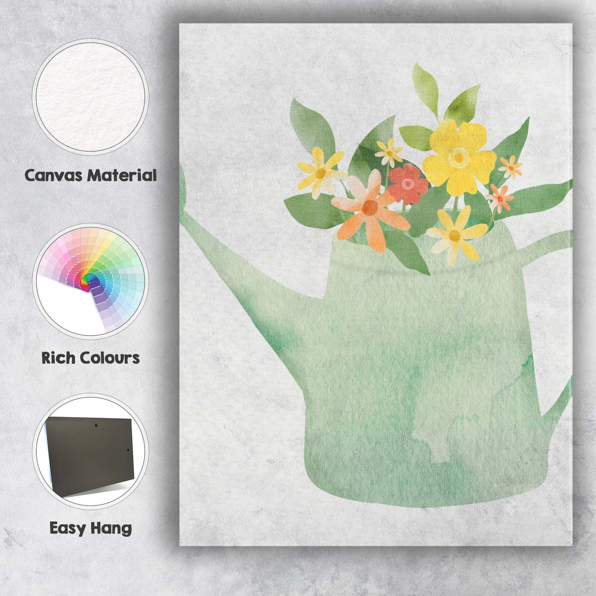 Pastel Floral Watering Can Watercolour Garden Illustration Canvas Wall Art Print Decor Picture Ready to Hang