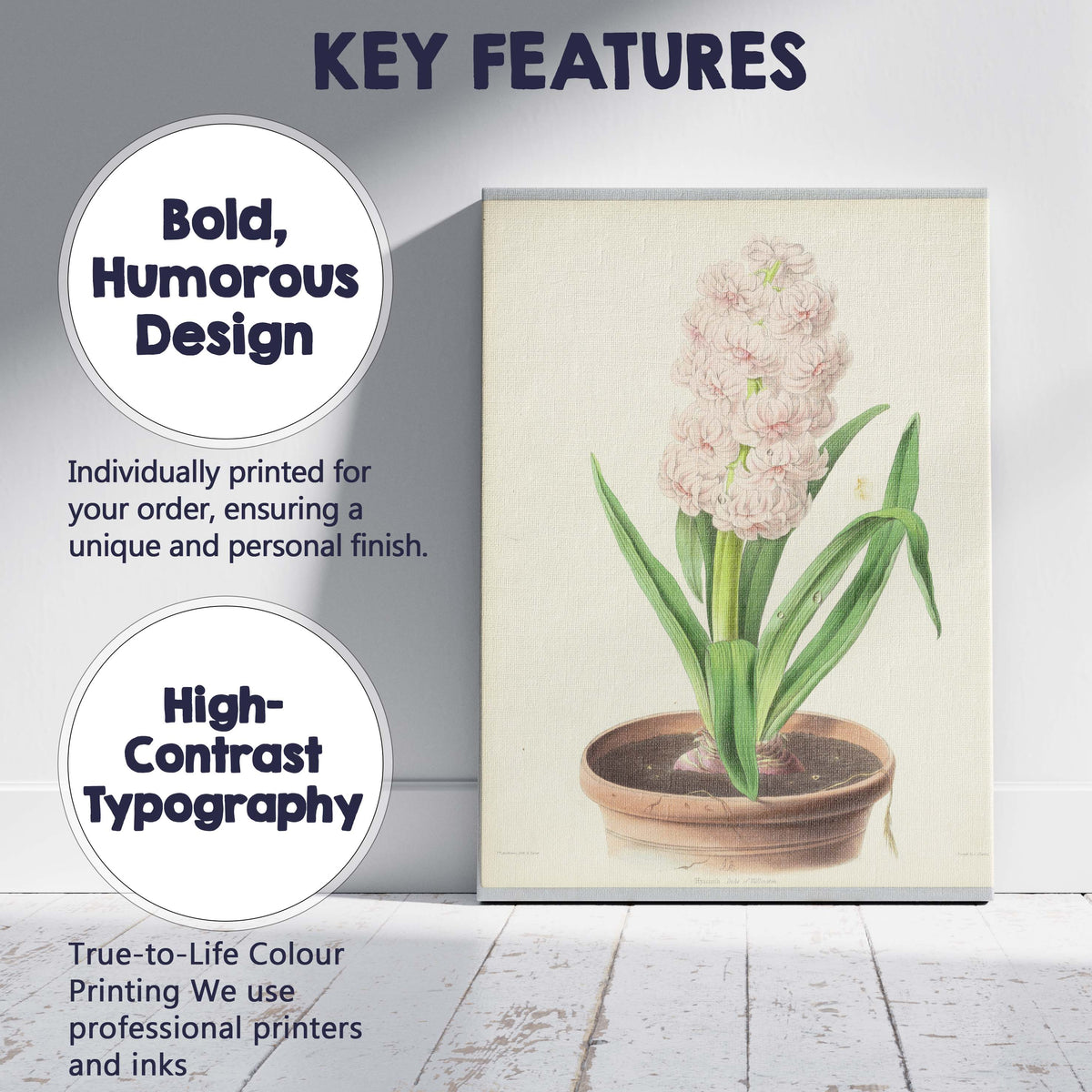 Soft Pink Hyacinth in Terracotta Pot Botanical Illustration Canvas Wall Art Print Decor Picture Ready to Hang