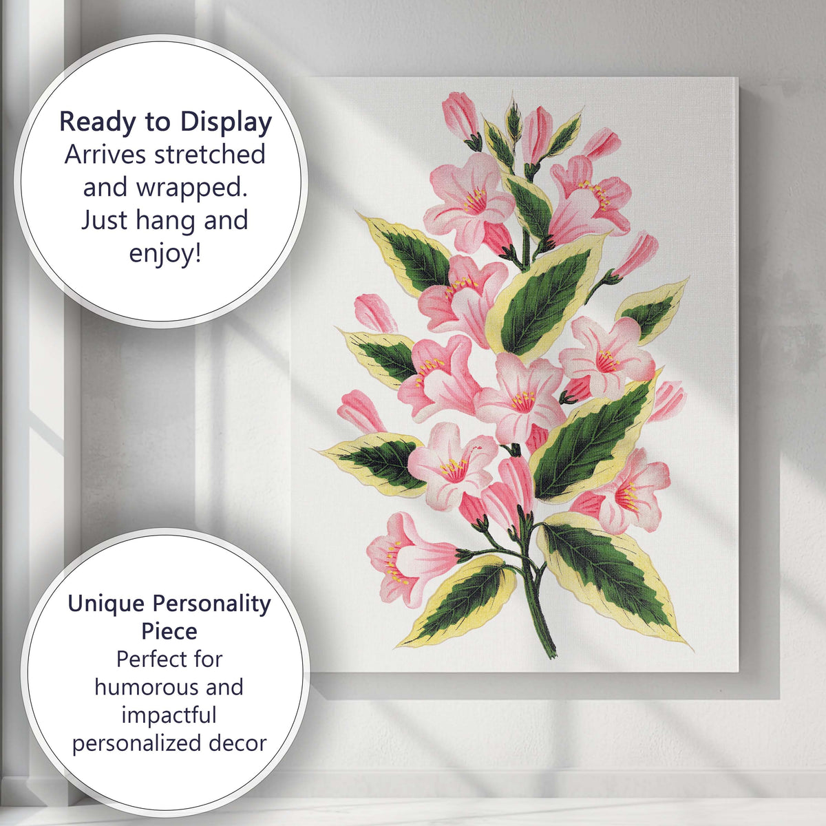 Pink Bell Flower Blossom Variegated Leaf Botanical Illustration Canvas Wall Art Print Decor Picture Ready to Hang