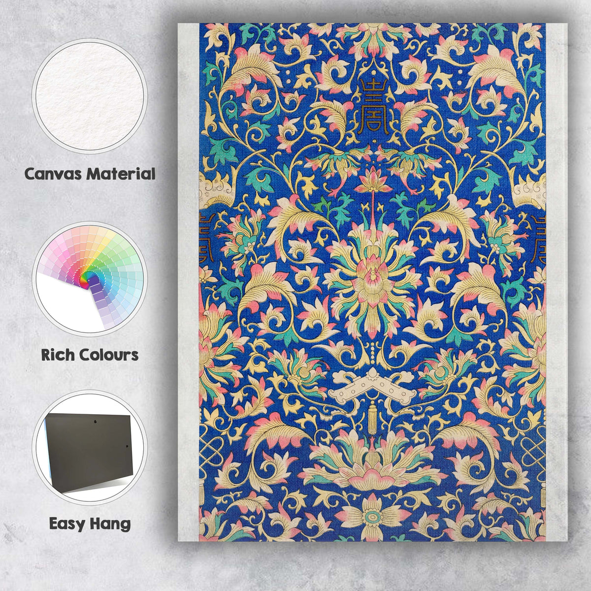 Ornate Blue and Pink Chinoiserie Floral Decorative Pattern Canvas Wall Art Print Decor Picture Ready to Hang