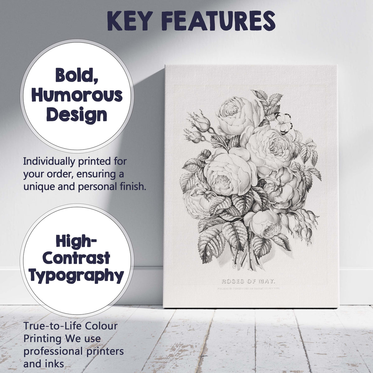 Antique Roses of May Floral Bouquet Engraving Canvas Wall Art Print Decor Picture Ready to Hang