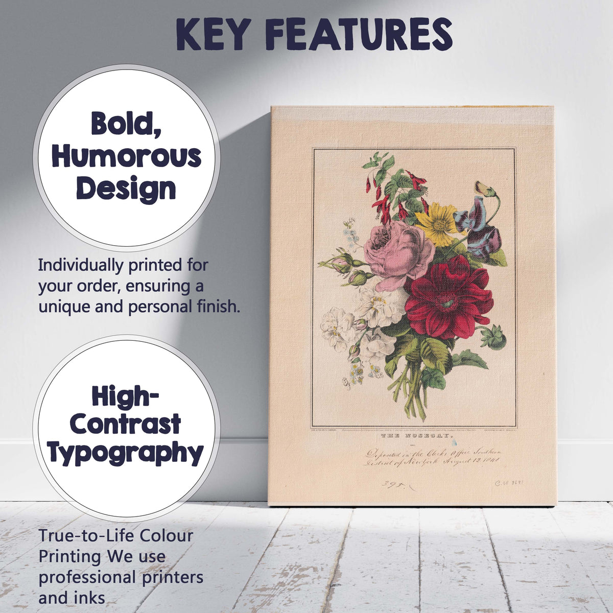 Victorian Floral Bouquet Roses Dahlia Botanical Arrangement Canvas Wall Art Print Decor Picture Ready to Hang