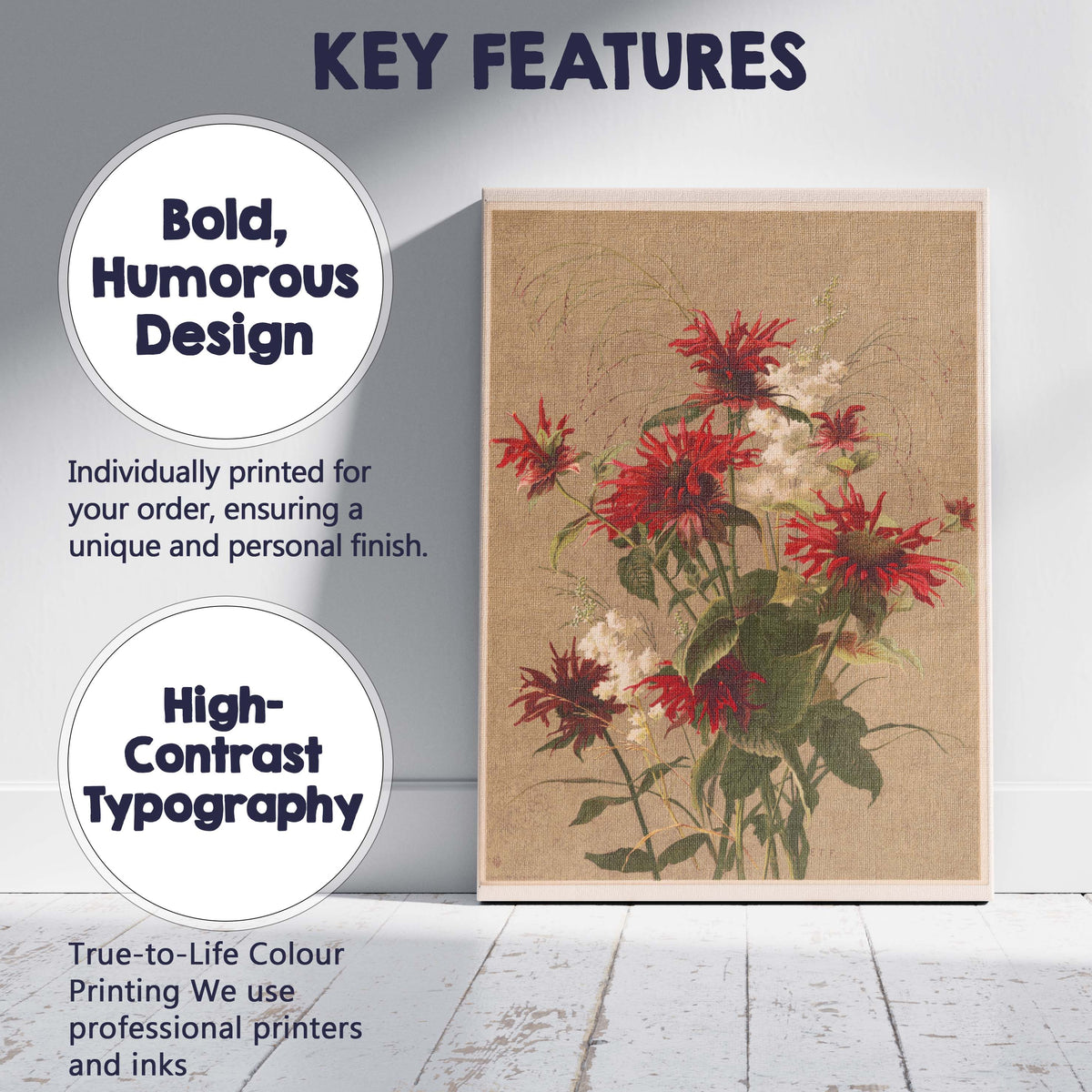 Rich Red Bee Balm Wildflower Botanical Arrangement Canvas Wall Art Print Decor Picture Ready to Hang