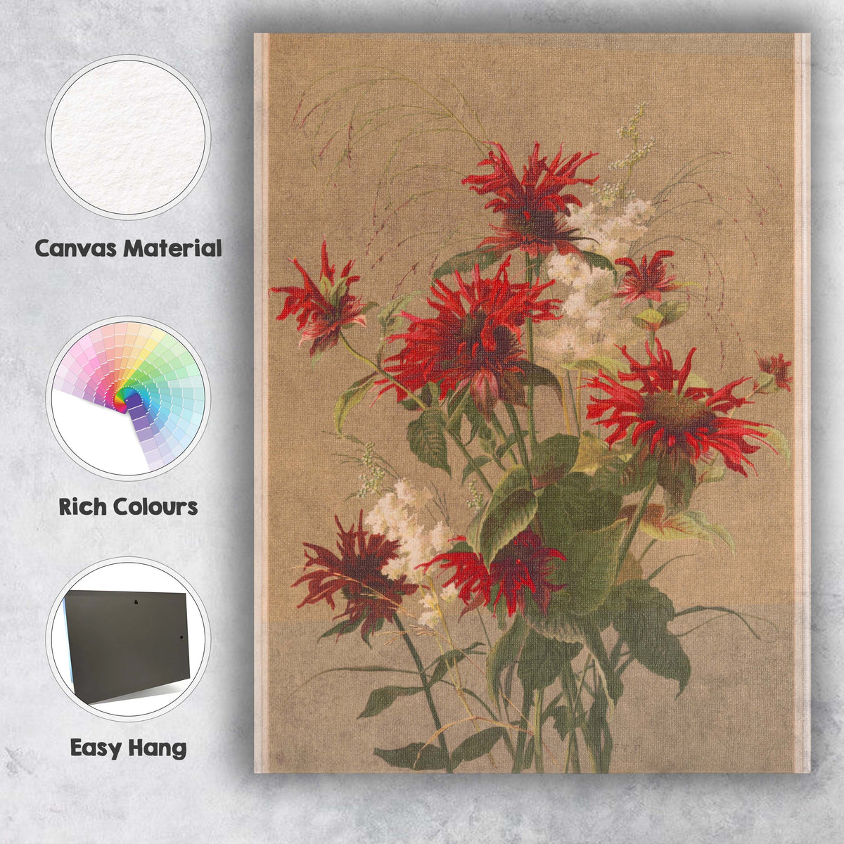 Rich Red Bee Balm Wildflower Botanical Arrangement Canvas Wall Art Print Decor Picture Ready to Hang