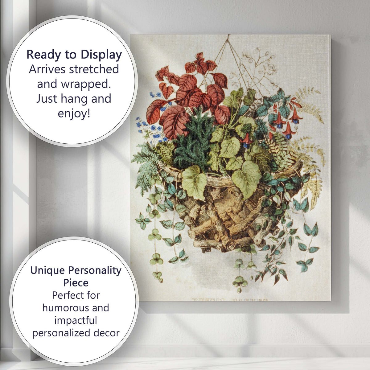 Rustic Hanging Basket Foliage Fern Botanical Garden Illustration Canvas Wall Art Print Decor Picture Ready to Hang