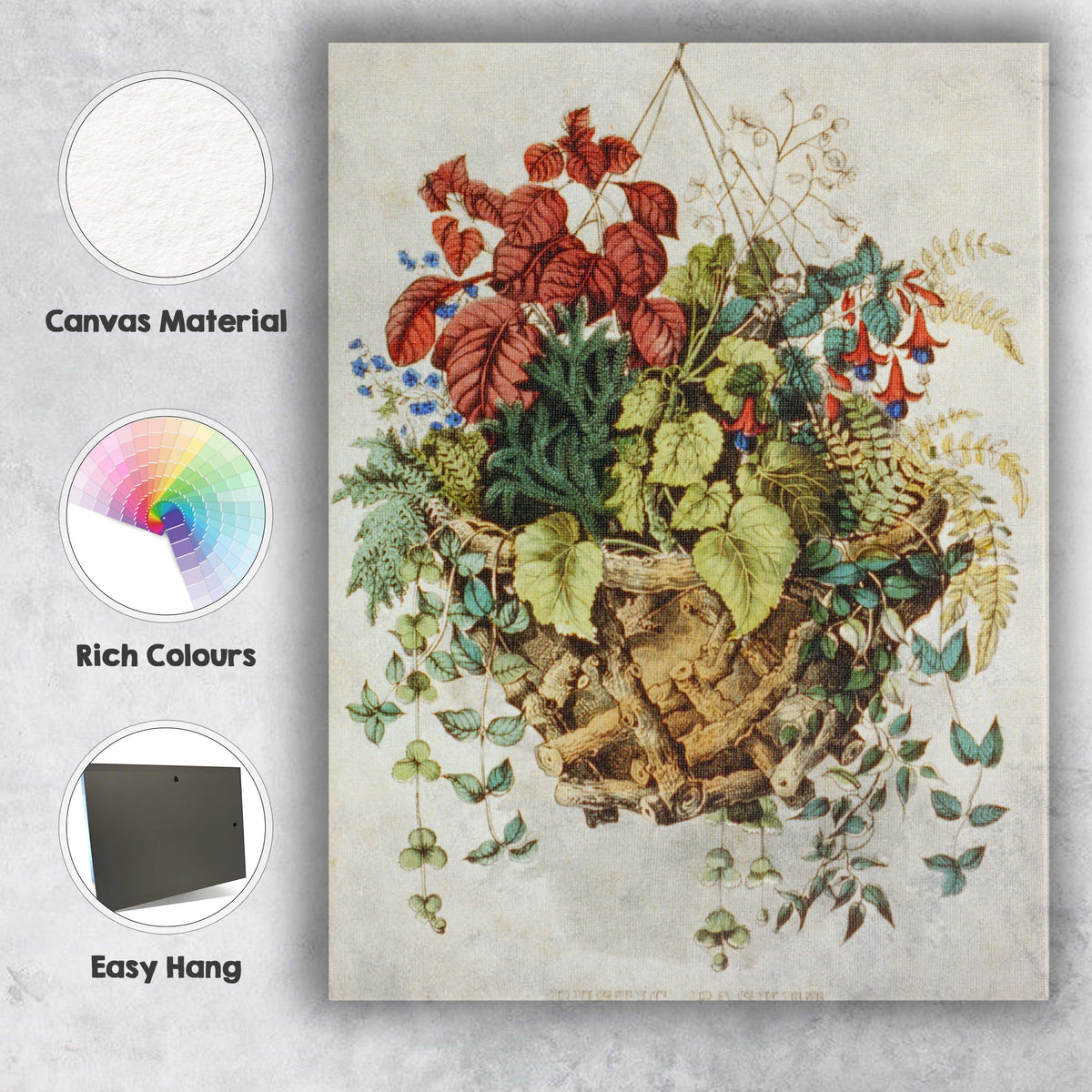 Rustic Hanging Basket Foliage Fern Botanical Garden Illustration Canvas Wall Art Print Decor Picture Ready to Hang