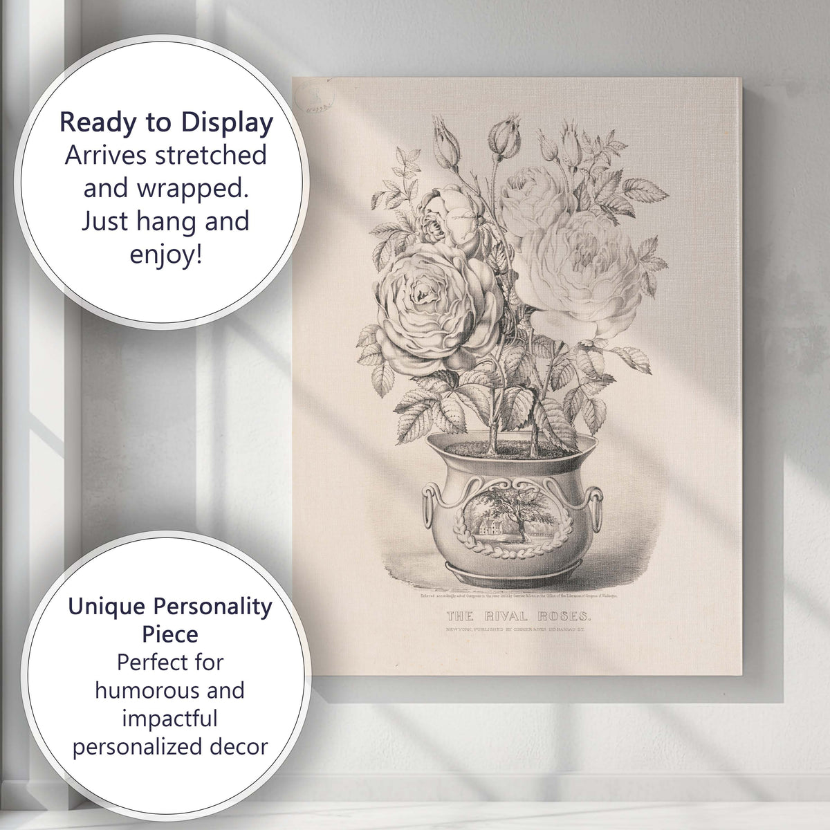 Victorian Rival Roses Potted Botanical Engraving Canvas Wall Art Print Decor Picture Ready to Hang