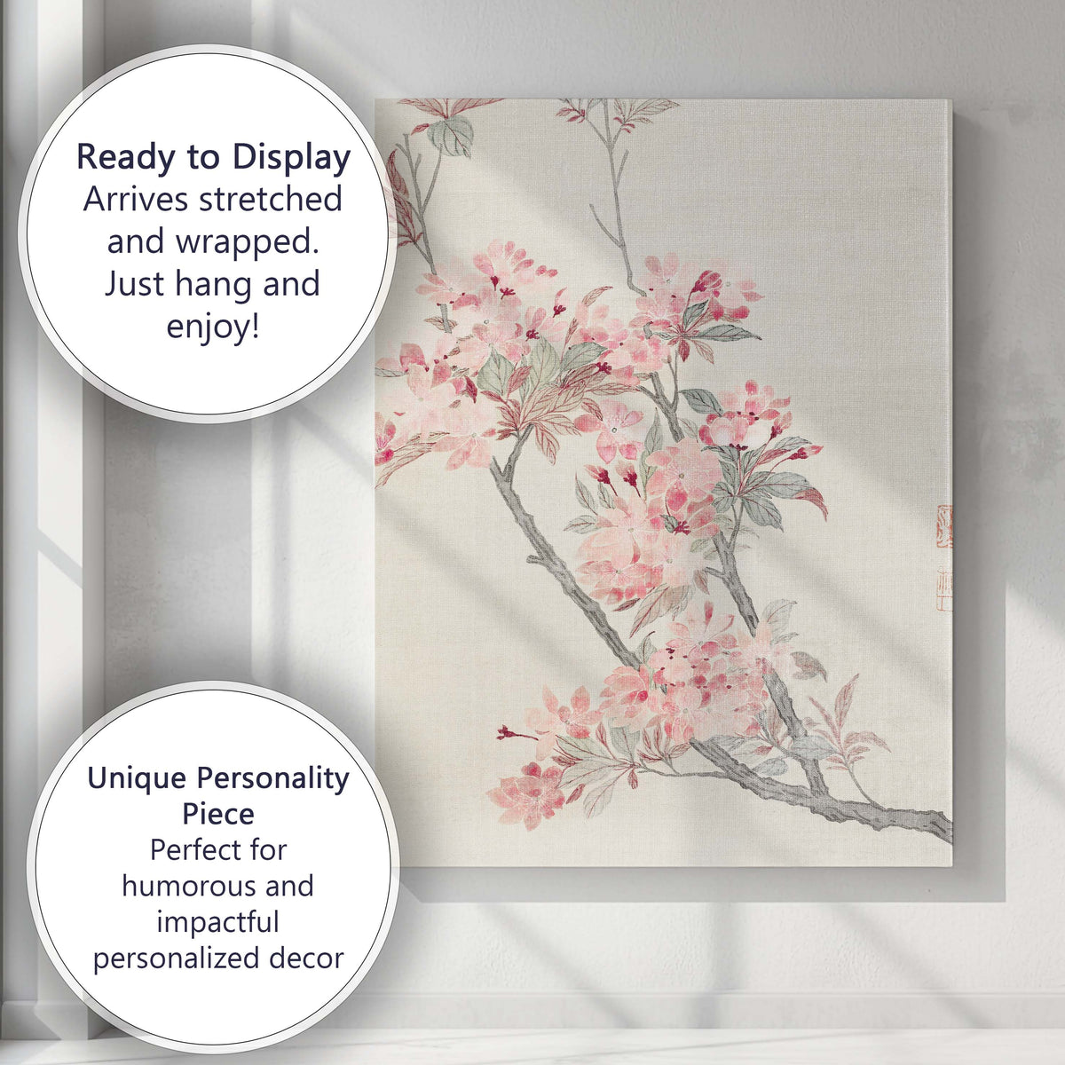 Soft Pink Cherry Blossom Branch Oriental Botanical Canvas Wall Art Print Decor Picture Ready to Hang