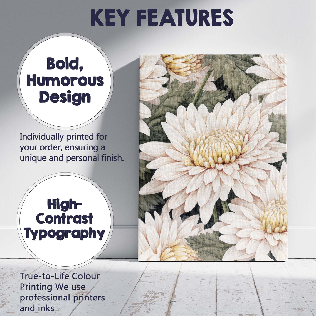 Cream White Chrysanthemum Floral Pattern Design Canvas Wall Art Print Decor Picture Ready to Hang