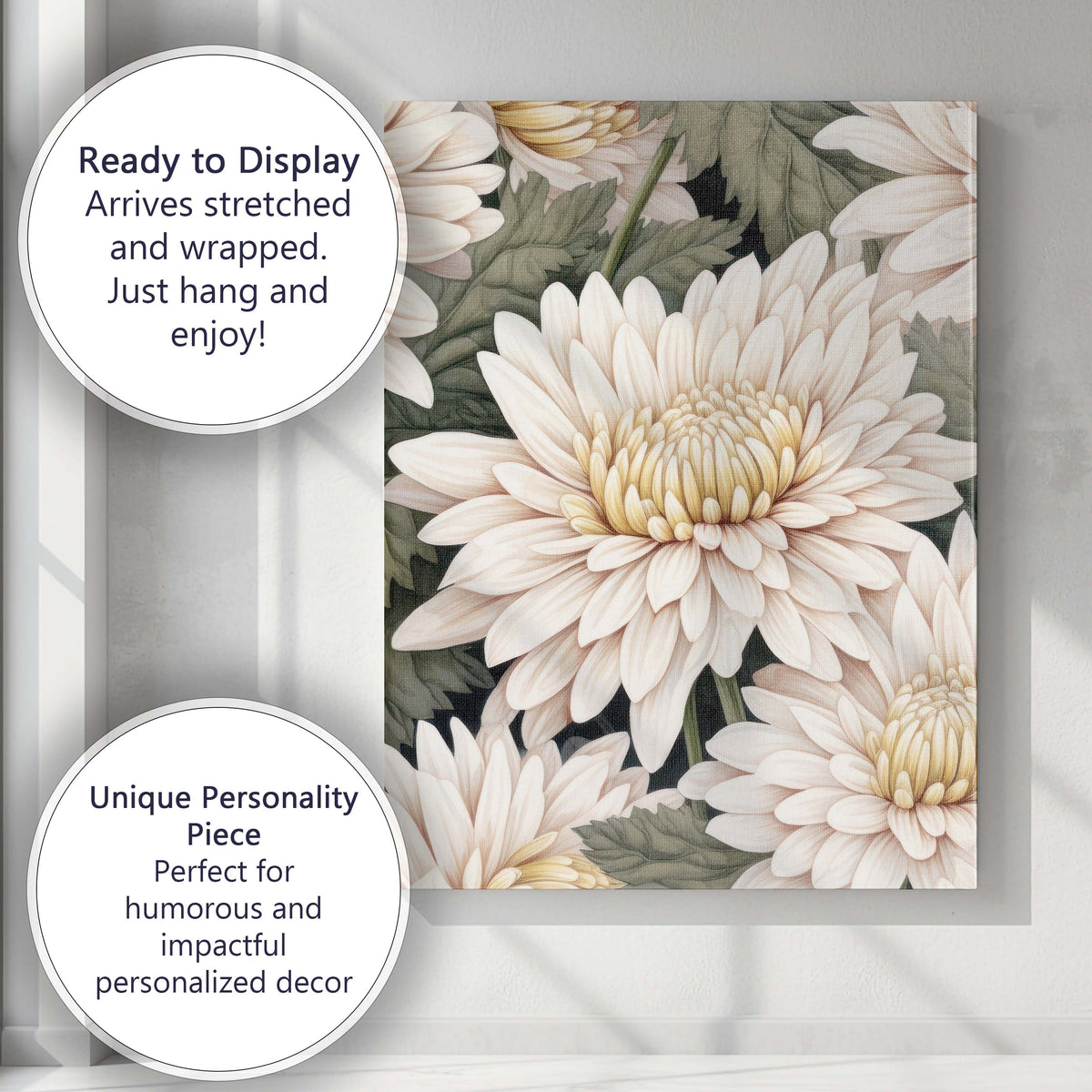 Cream White Chrysanthemum Floral Pattern Design Canvas Wall Art Print Decor Picture Ready to Hang