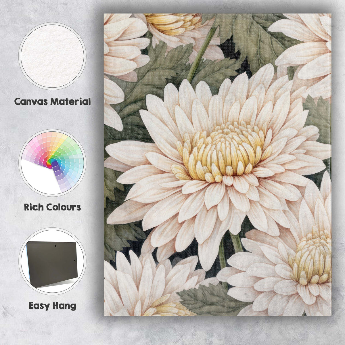 Cream White Chrysanthemum Floral Pattern Design Canvas Wall Art Print Decor Picture Ready to Hang