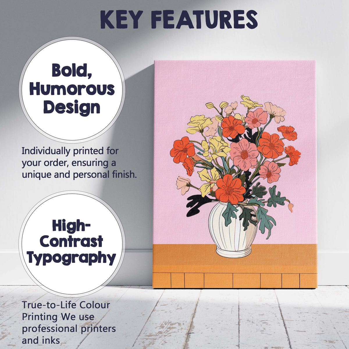 Contemporary Coral and Blush Floral Vase Illustration Canvas Wall Art Print Decor Picture Ready to Hang