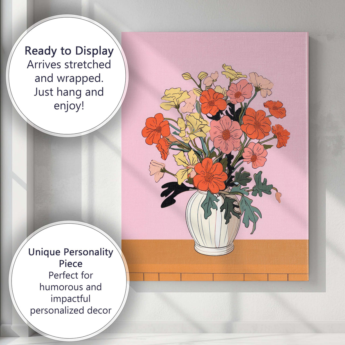 Contemporary Coral and Blush Floral Vase Illustration Canvas Wall Art Print Decor Picture Ready to Hang