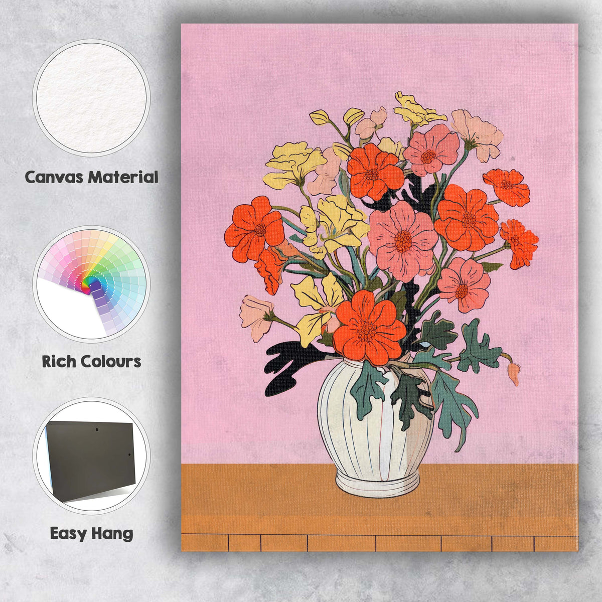 Contemporary Coral and Blush Floral Vase Illustration Canvas Wall Art Print Decor Picture Ready to Hang