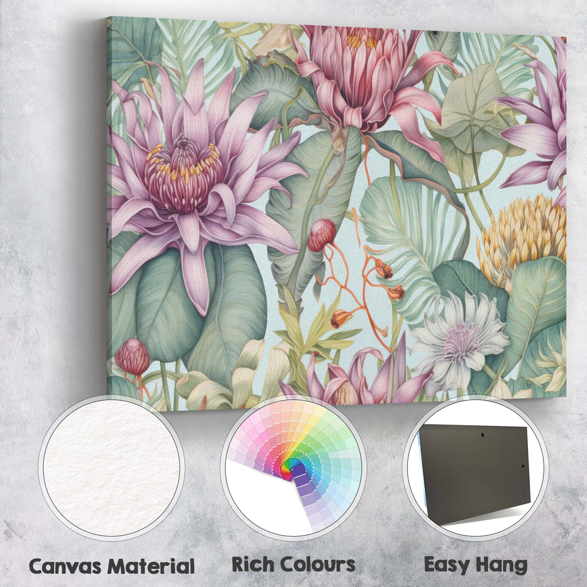 Pastel Tropical Floral Botanical Wallpaper Style Canvas Wall Art Print Decor Picture Ready to Hang