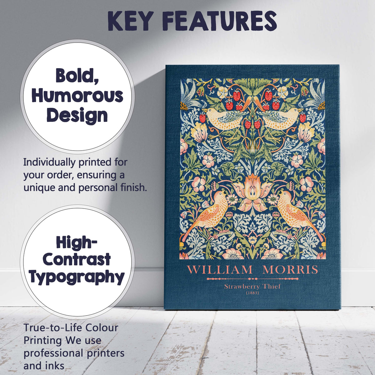 Navy Blue William Morris Strawberry Thief Bird and Floral Pattern Canvas Wall Art Print Decor Picture Ready to Hang