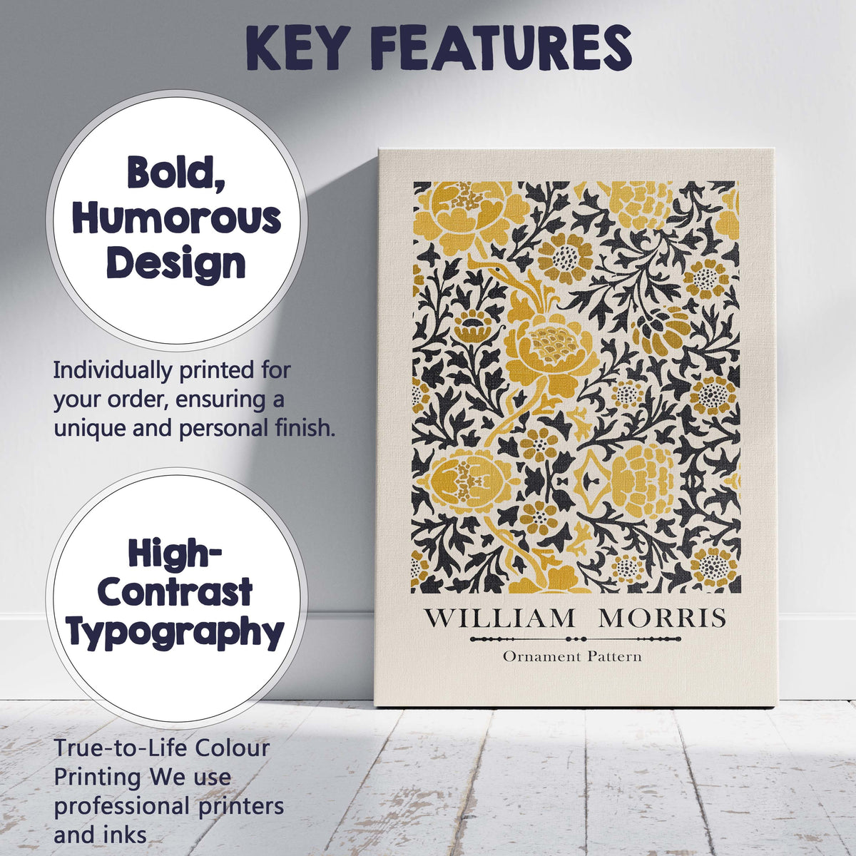 Mustard Yellow and Black William Morris Inspired Ornamental Floral Pattern Canvas Wall Art Print Decor Picture Ready to Hang