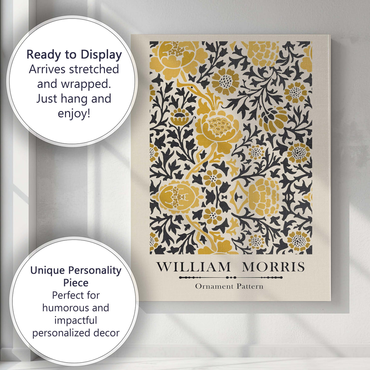 Mustard Yellow and Black William Morris Inspired Ornamental Floral Pattern Canvas Wall Art Print Decor Picture Ready to Hang