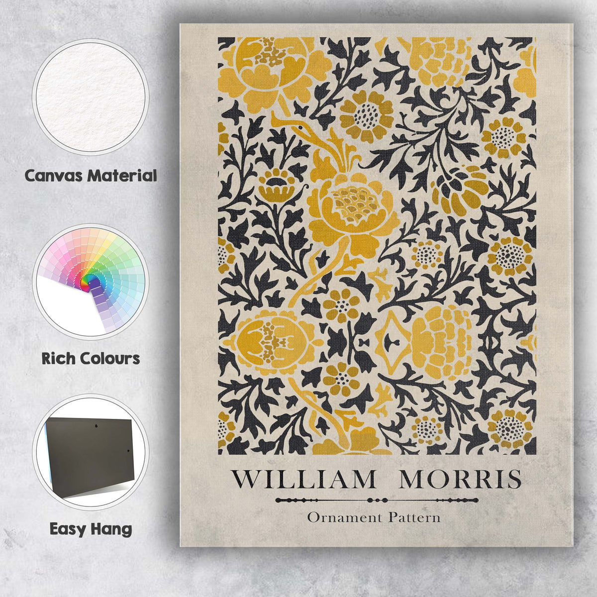 Mustard Yellow and Black William Morris Inspired Ornamental Floral Pattern Canvas Wall Art Print Decor Picture Ready to Hang