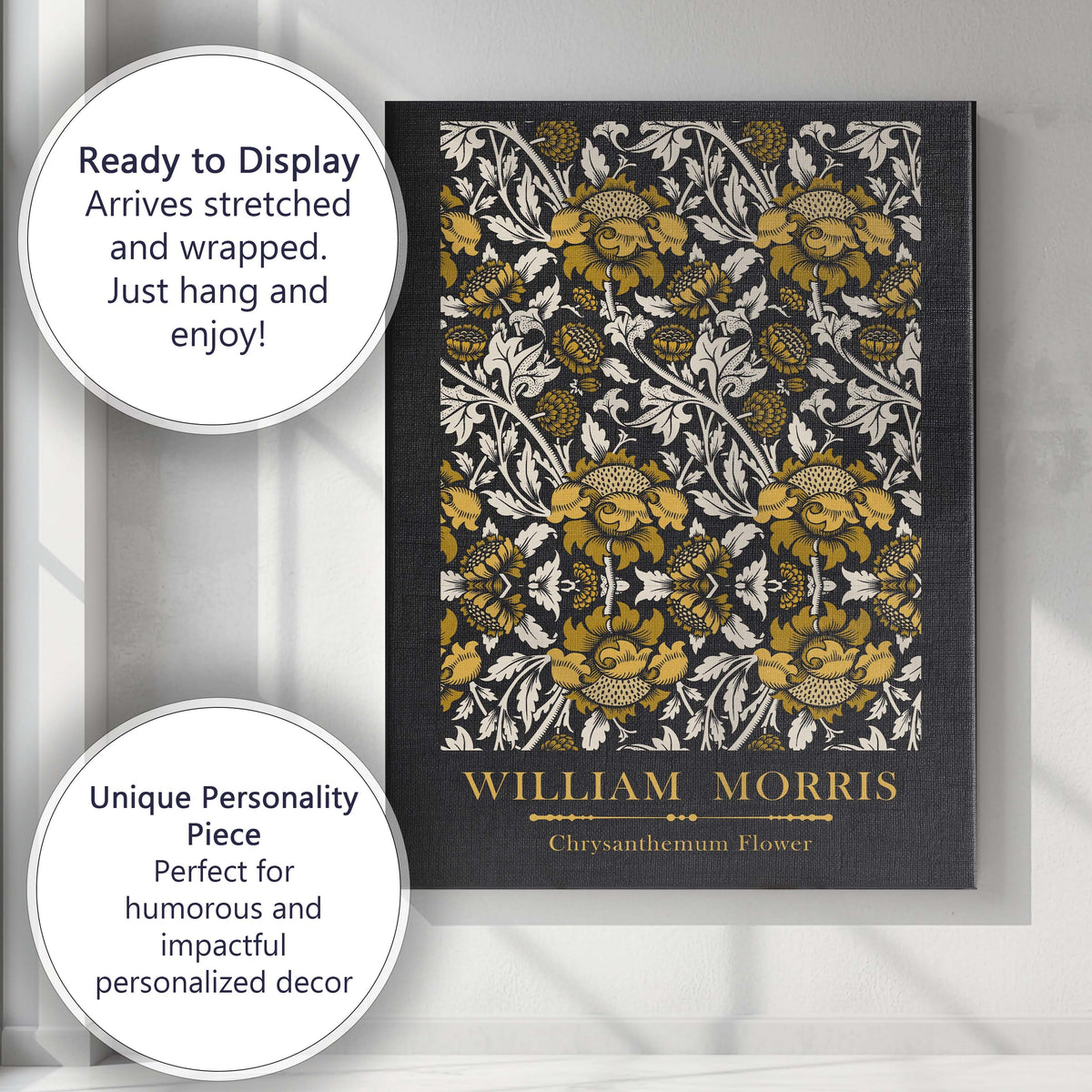 Black and Gold Chrysanthemum Floral William Morris Inspired Pattern Canvas Wall Art Print Decor Picture Ready to Hang