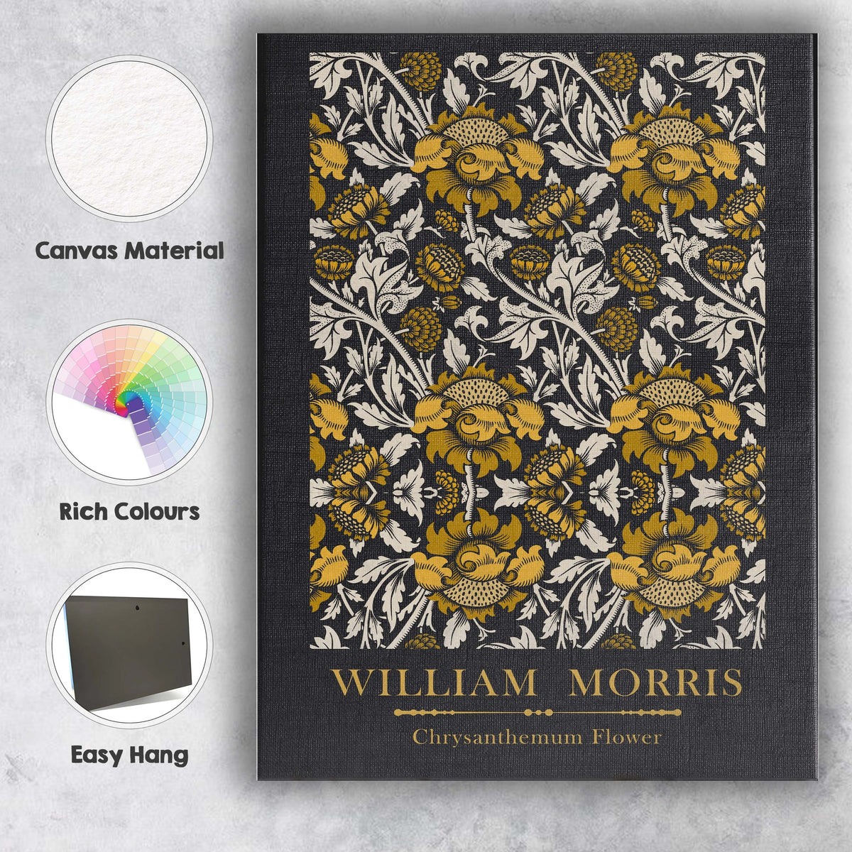 Black and Gold Chrysanthemum Floral William Morris Inspired Pattern Canvas Wall Art Print Decor Picture Ready to Hang