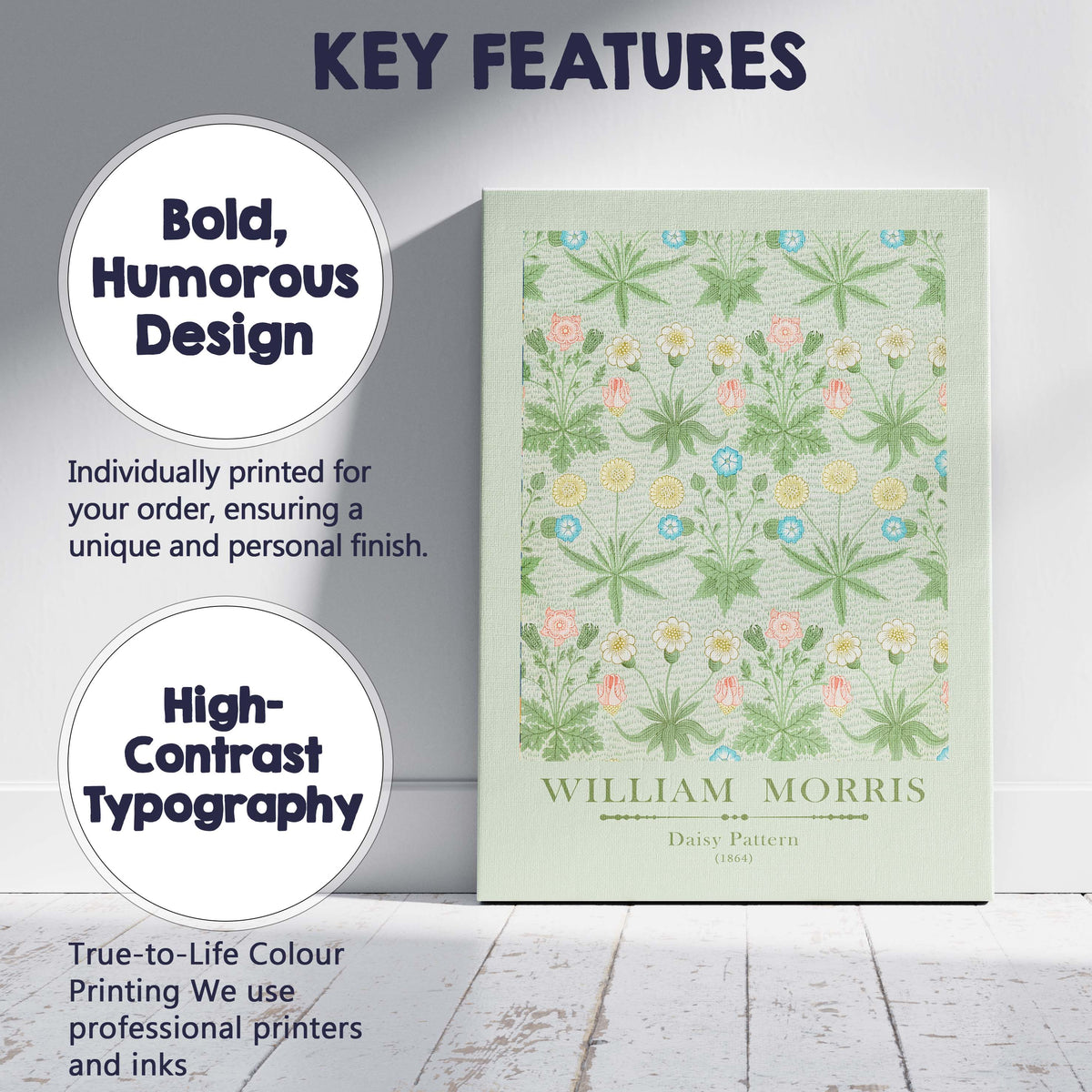 William Morris Daisy Meadow Floral Repeat Sage Green Pattern Canvas Wall Art Print Decor Picture Ready to Hang