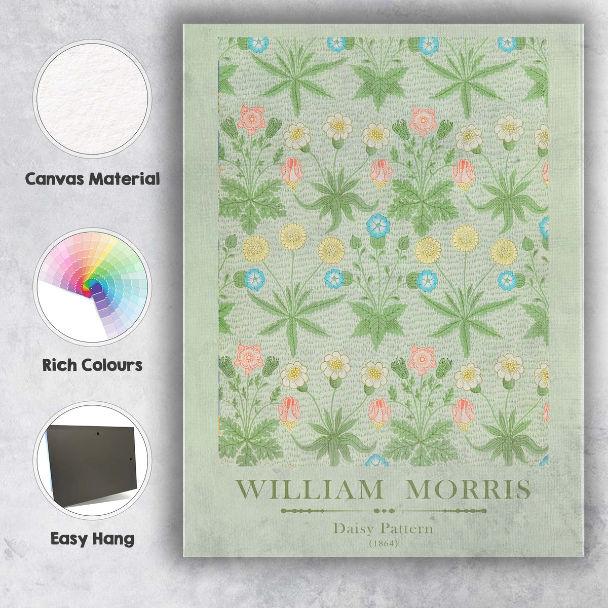 William Morris Daisy Meadow Floral Repeat Sage Green Pattern Canvas Wall Art Print Decor Picture Ready to Hang