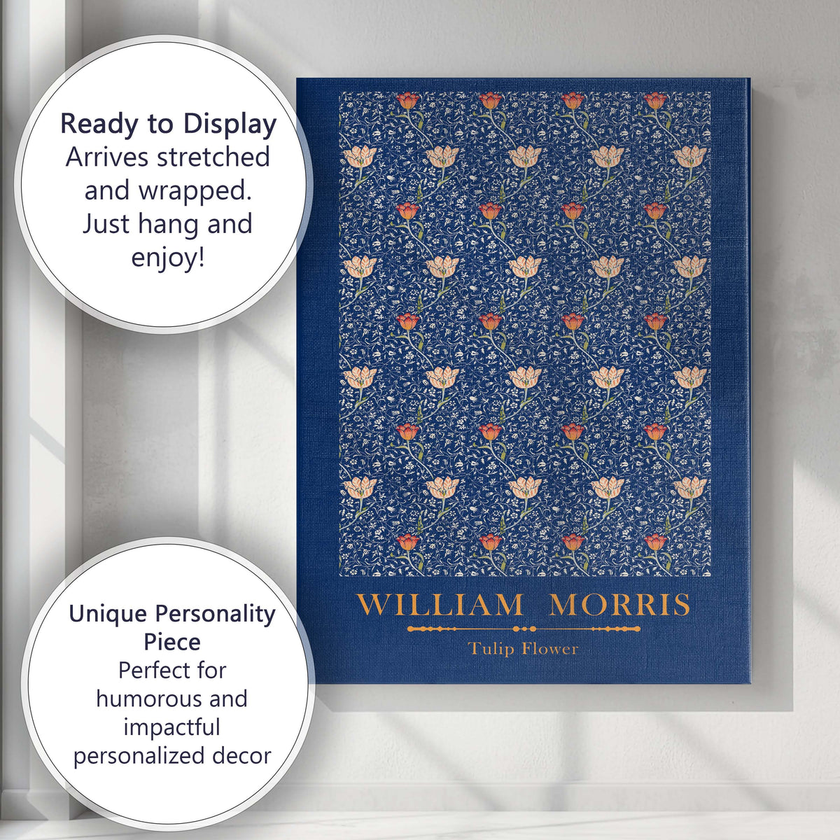 Navy Blue Tulip Flower Botanical Arts and Crafts Floral Repeat Canvas Wall Art Print Decor Picture Ready to Hang