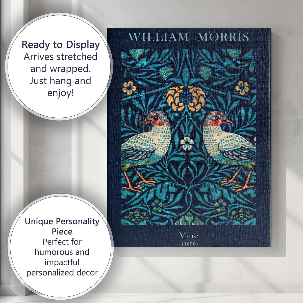 Midnight Blue Vine Bird Floral Arts and Crafts Tapestry Pattern Canvas Wall Art Print Decor Picture Ready to Hang