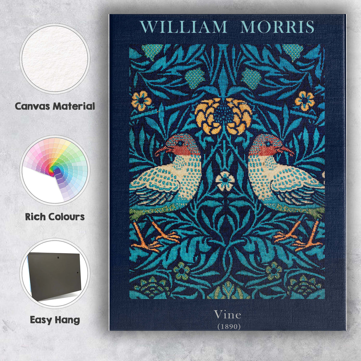 Midnight Blue Vine Bird Floral Arts and Crafts Tapestry Pattern Canvas Wall Art Print Decor Picture Ready to Hang