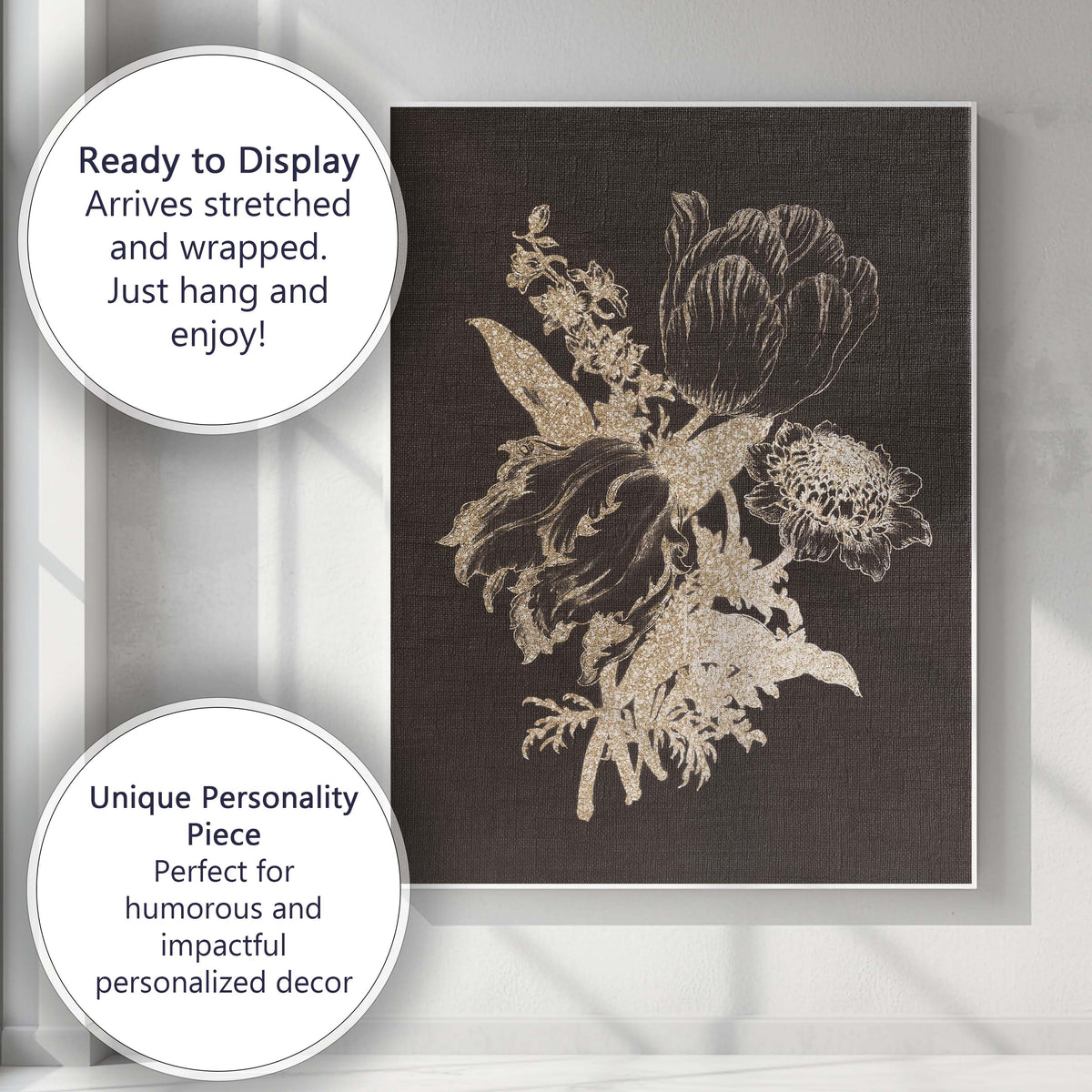 Black Gold Floral Bouquet Botanical Silhouette Artwork Canvas Wall Art Print Decor Picture Ready to Hang