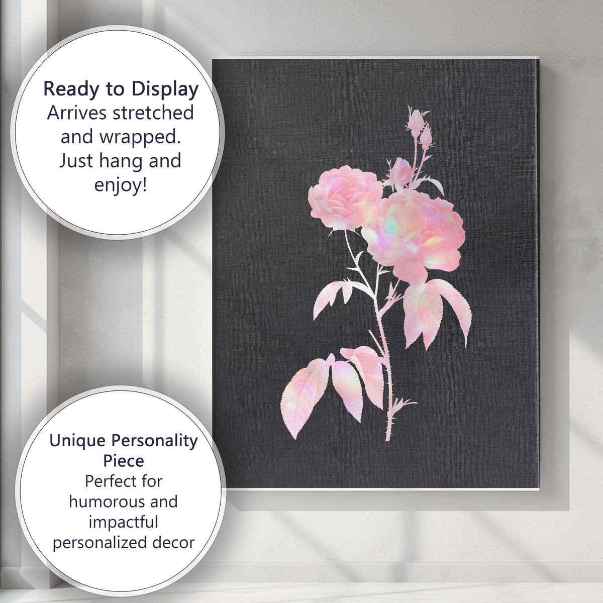 Soft Pink Rose Bloom Iridescent Botanical Illustration Canvas Wall Art Print Decor Picture Ready to Hang