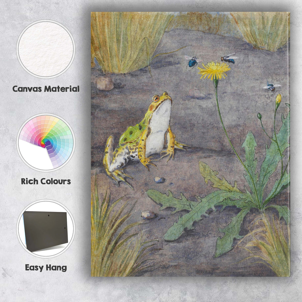 Watercolour Frog and Dandelion Nature Wildlife Illustration Canvas Wall Art Print Decor Picture Ready to Hang