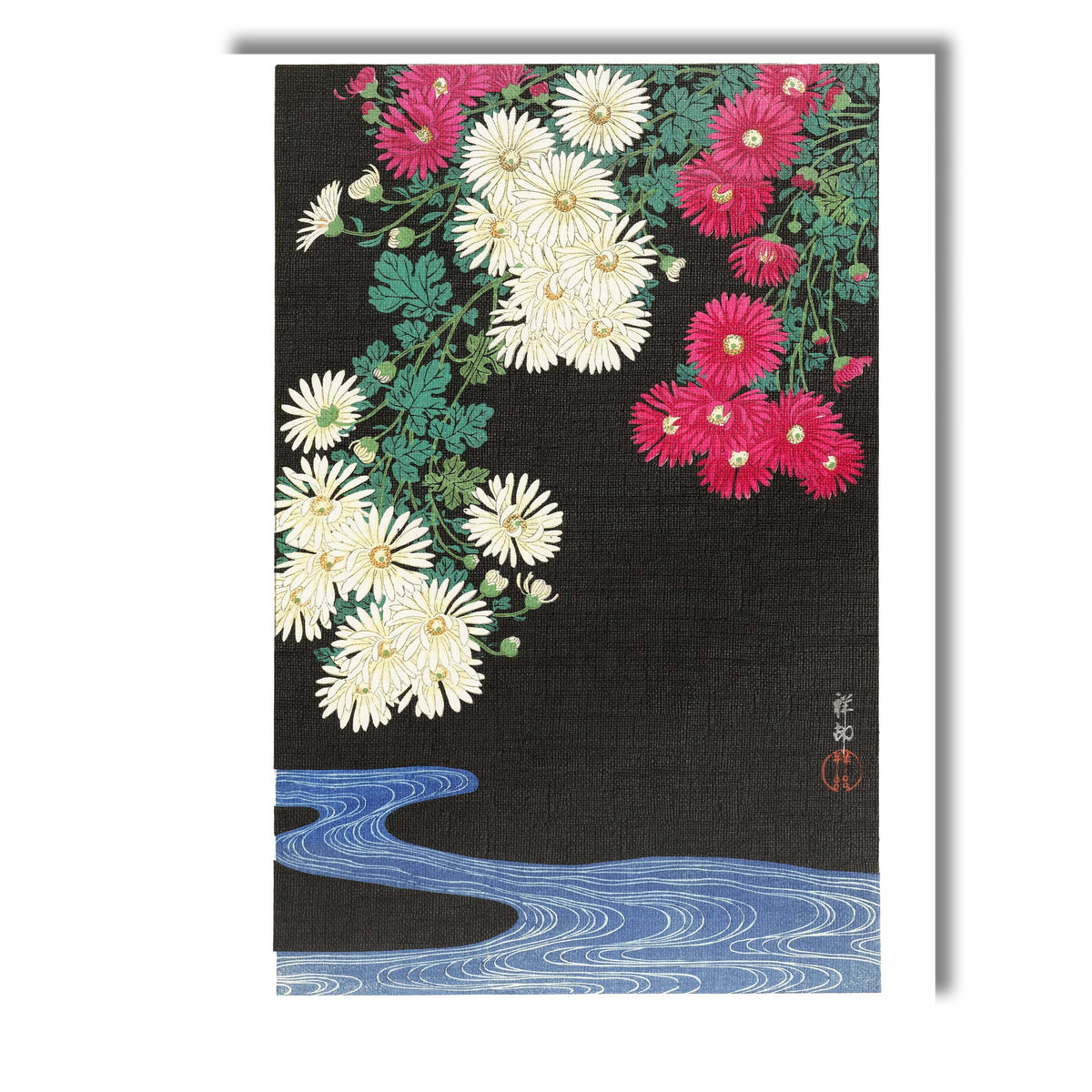 Japanese Chrysanthemum Floral Water Garden Woodblock Style Canvas Wall Art Print Decor Picture Ready to Hang