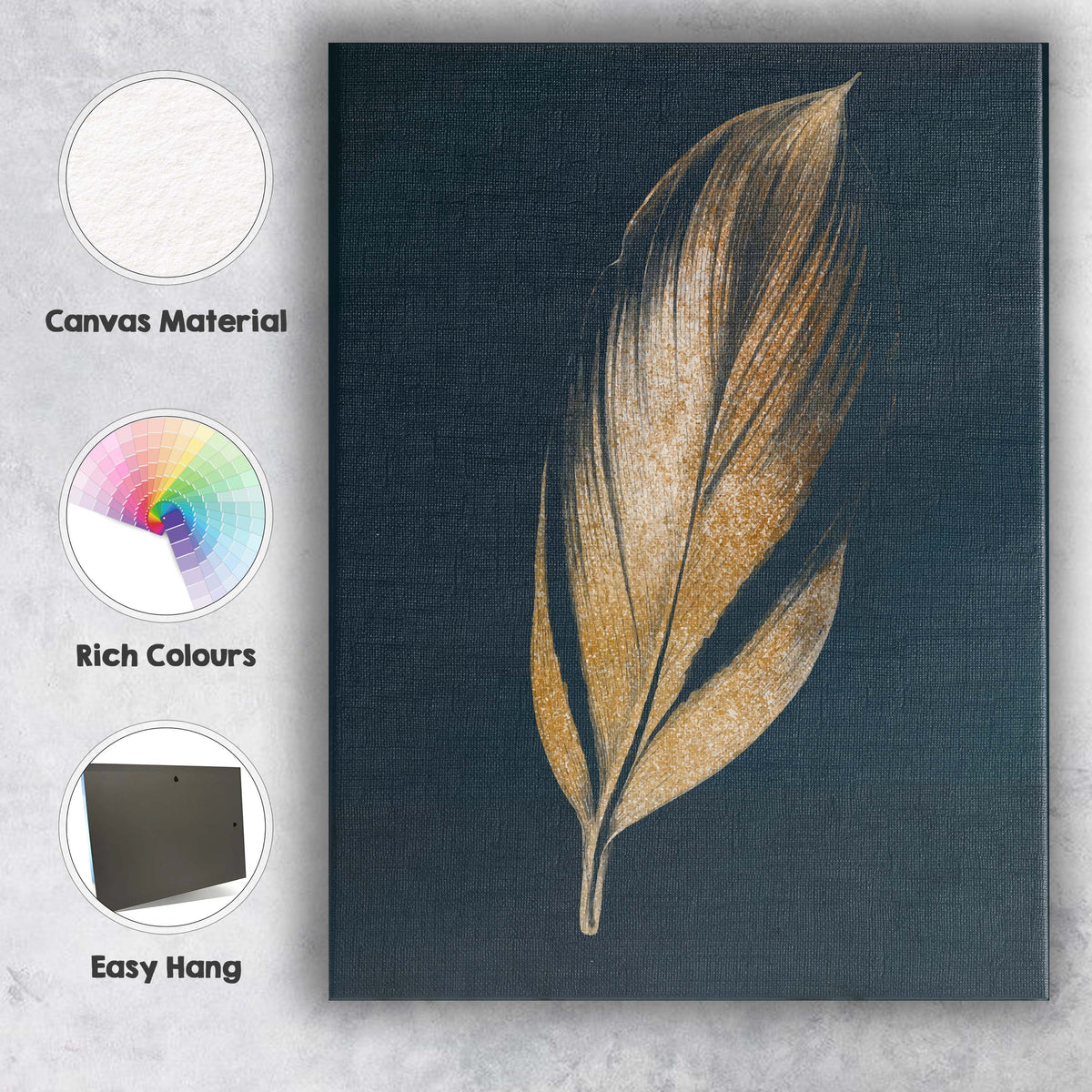 Golden Tropical Leaf on Deep Navy Background Contemporary Botanical Canvas Wall Art Print Decor Picture Ready to Hang