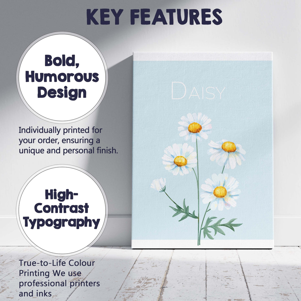 Pastel Blue Daisy Floral Botanical Illustration Canvas Wall Art Print Decor Picture Ready to Hang