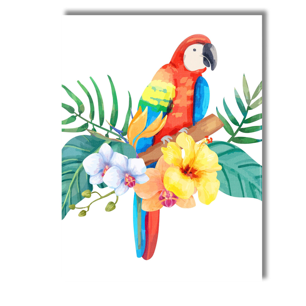 Tropical Scarlet Macaw Parrot Exotic Flowers Jungle Foliage Watercolour Canvas Wall Art Print Decor Picture Ready to Hang