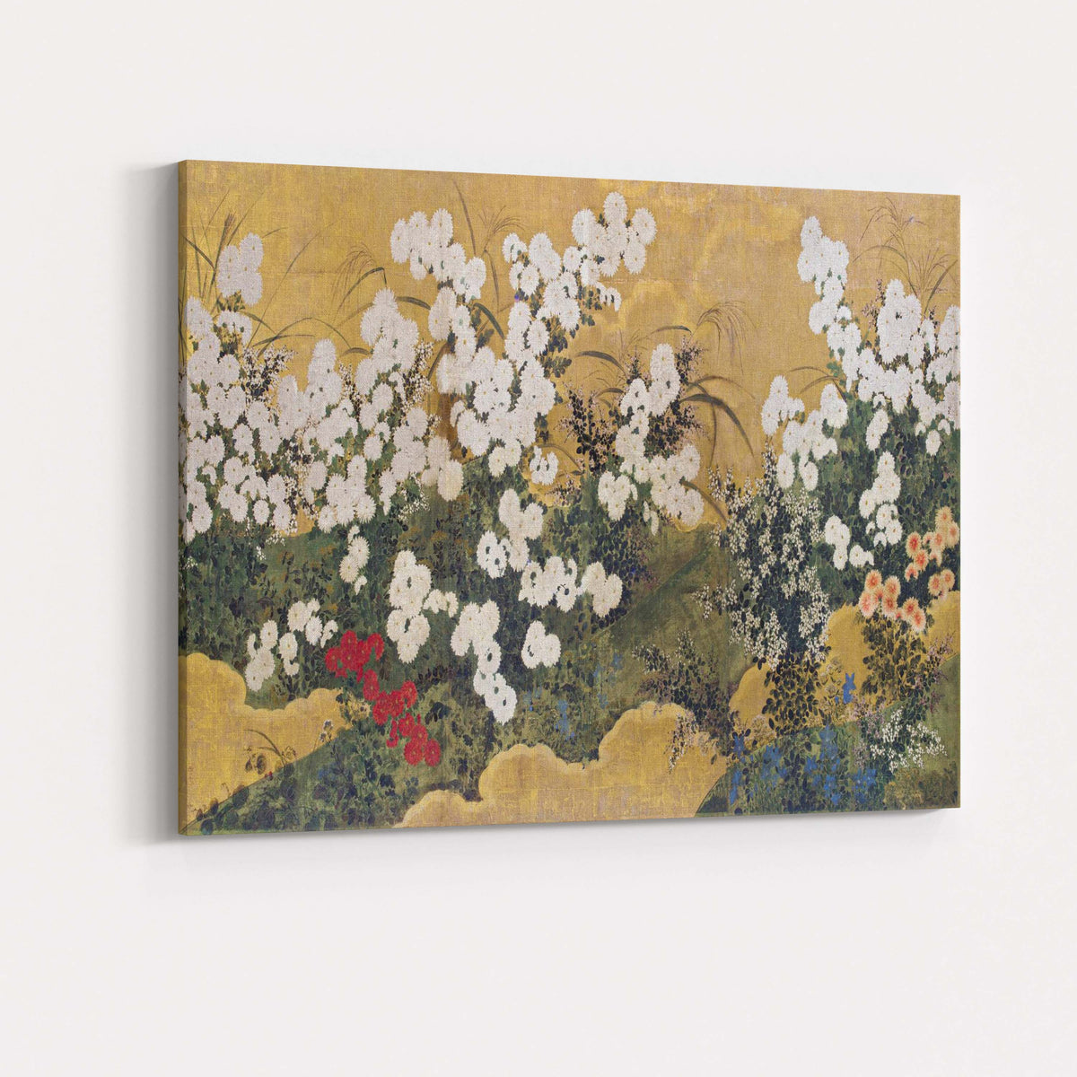 Japanese White Chrysanthemum Garden Gold Screen Artwork Canvas Wall Art Print Decor Picture Ready to Hang