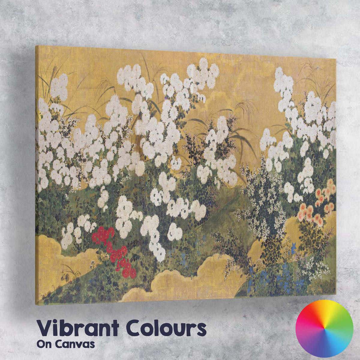 Japanese White Chrysanthemum Garden Gold Screen Artwork Canvas Wall Art Print Decor Picture Ready to Hang