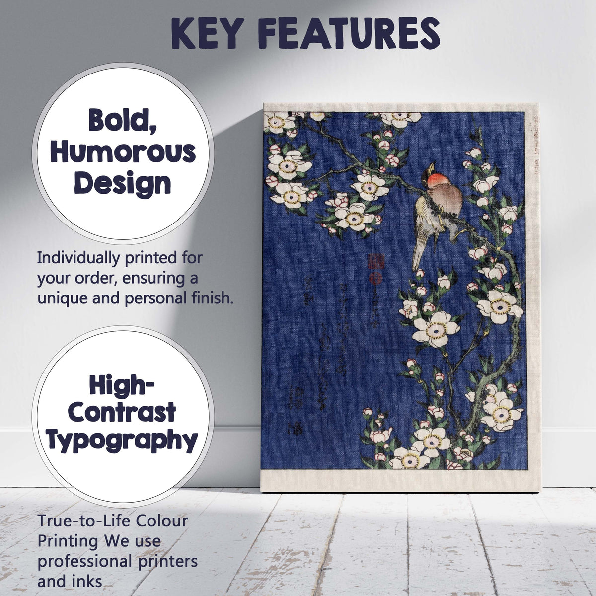 Japanese Songbird White Blossom Branch Woodblock Style Artwork Canvas Wall Art Print Decor Picture Ready to Hang