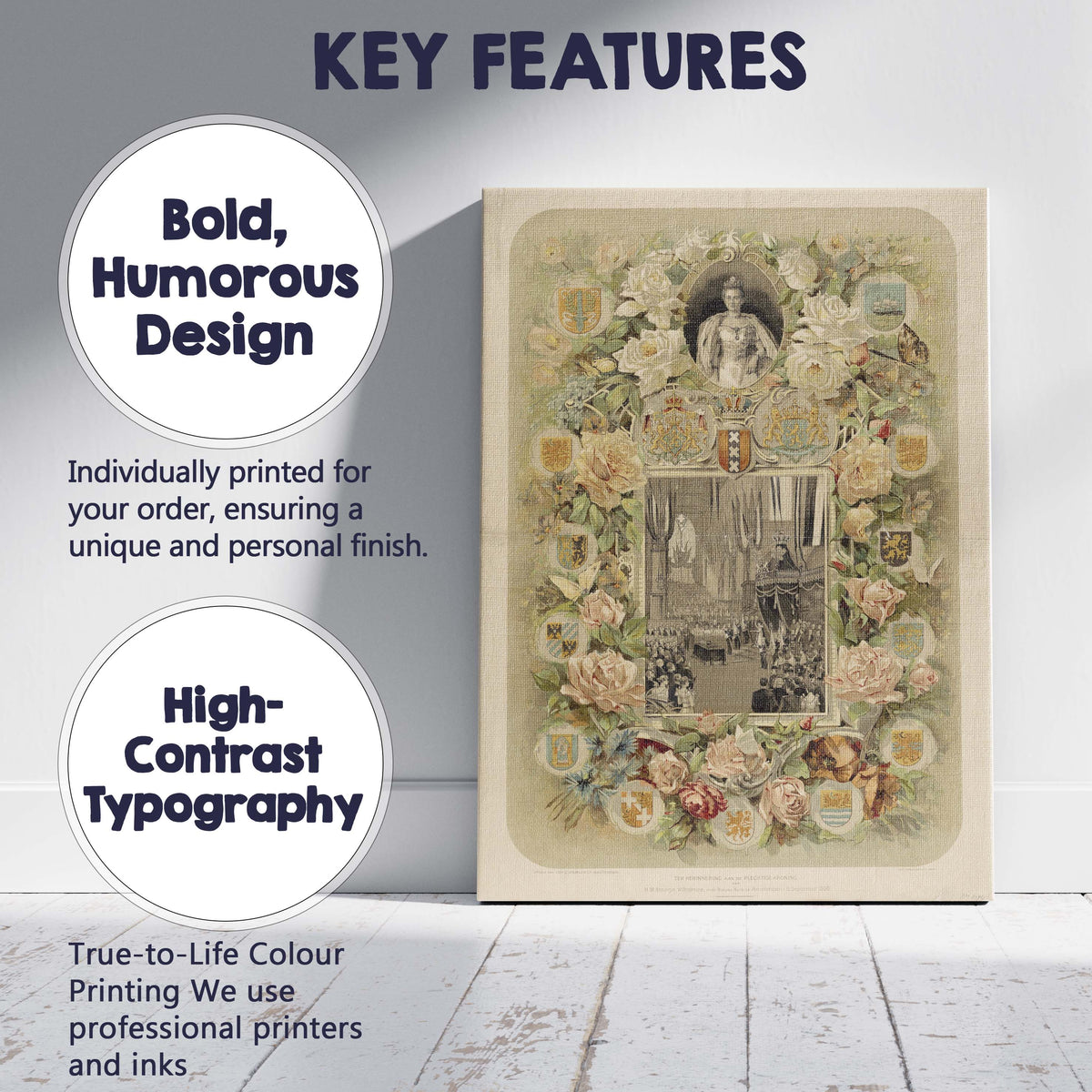 Victorian Floral Coronation Commemorative Roses Botanical Artwork Canvas Wall Art Print Decor Picture Ready to Hang