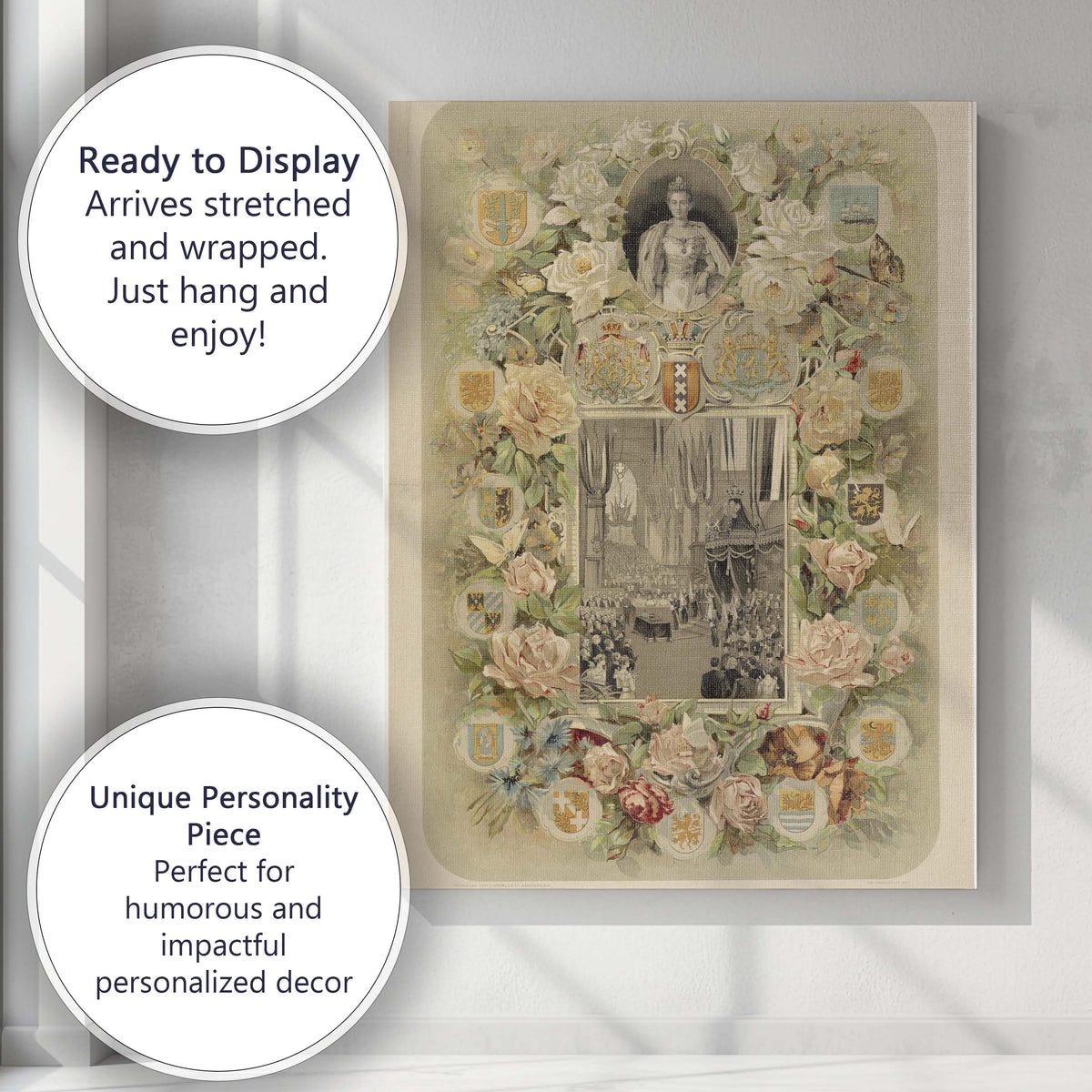 Victorian Floral Coronation Commemorative Roses Botanical Artwork Canvas Wall Art Print Decor Picture Ready to Hang