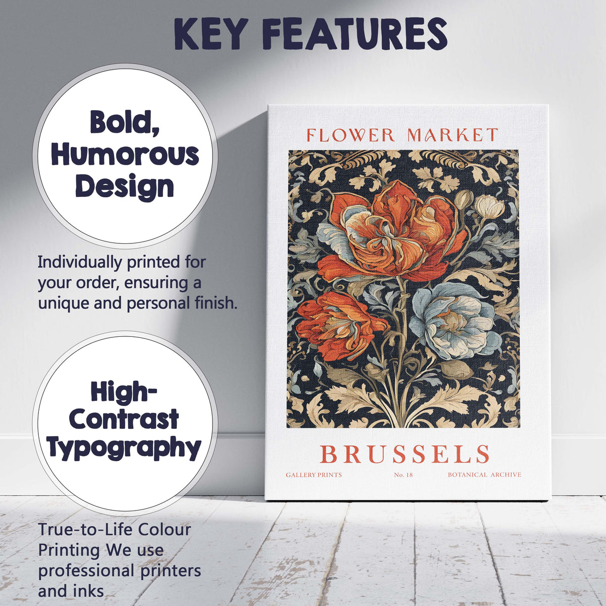 Modern Floral Market Amsterdam Decorative Flower Illustration Poster Canvas Wall Art Print Decor Picture Ready to Hang
