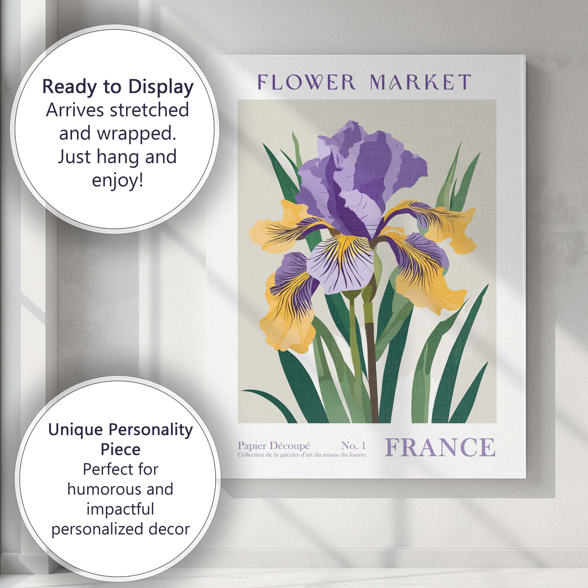 Purple Yellow Iris Flower Market Art Nouveau Botanical Illustration Canvas Wall Art Print Decor Picture Ready to Hang