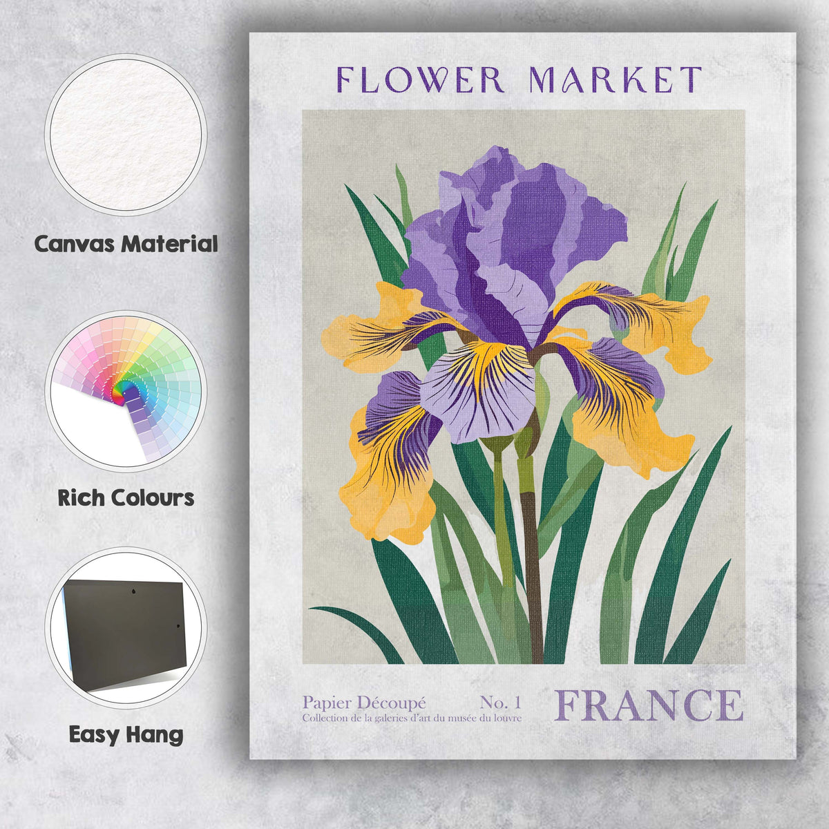Purple Yellow Iris Flower Market Art Nouveau Botanical Illustration Canvas Wall Art Print Decor Picture Ready to Hang
