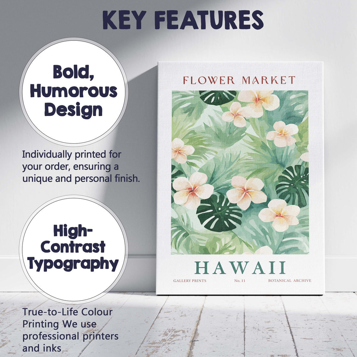 Tropical Hawaiian Plumeria Flower Monstera Leaf Botanical Pattern Canvas Wall Art Print Decor Picture Ready to Hang