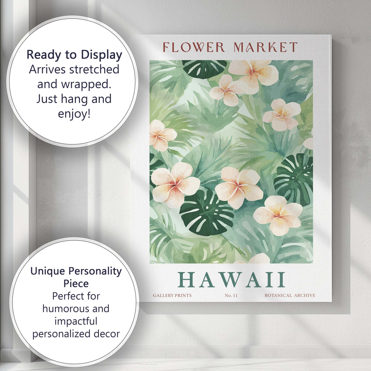 Tropical Hawaiian Plumeria Flower Monstera Leaf Botanical Pattern Canvas Wall Art Print Decor Picture Ready to Hang